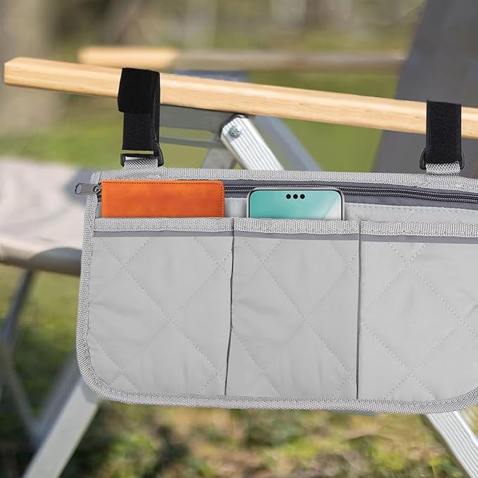 Camping Armrest Storage Bag, Chair Armrest Organizer, Car Seat Hanging Bag, Extended Back Buckle Canvas Beach Chair StorageBag, Side HangingBag For Bedside/Outdoor/Beach/Camping(gray)