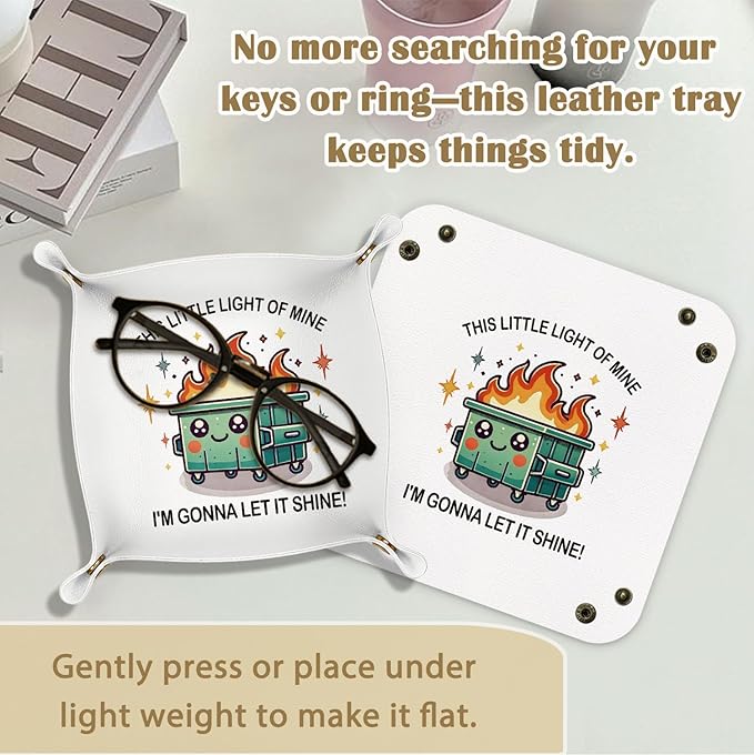 Dumpster Fire Gifts Valet Jewelry Tray for Colleague Women Men, Funny Office Gifts PU Leather Catchall Beside Caddy Nightstand Organizer Tray for Rings Watches Keys and Accessories,7.87x7.87in