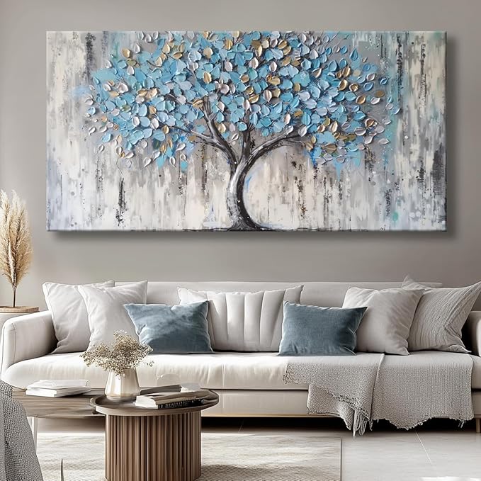 Tree of Life Canvas Wall Art - Abstract Light Blue Artwork for Living Room Bedroom Decor, Modern Framed Tree Painting Ready to Hang, Contemporary Home Wall Decoration 180x90cm (71x36in)