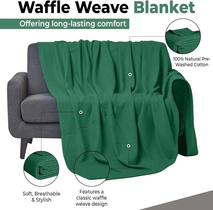 100% Cotton Blankets for Bed - Waffle Weave Blankets for Summer, Lightweight and Breathable Soft Woven Blanket for Spring (Dark Green, Throw (50" x 60"))