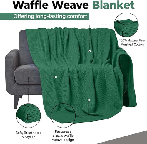 100% Cotton Blankets for Bed - Waffle Weave Blankets for Summer, Lightweight and Breathable Soft Woven Blanket for Spring (Dark Green, Throw (50" x 60"))