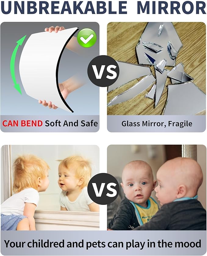 Unbreakable Door Mirror Full Length, Full Body Mirror for Kids, 4Pack 14 x14 in, Shatterproof Plexiglass Long Mirrors for Bedroom Closet, Children Plastic Mirrors Non Glass Stick on miroir