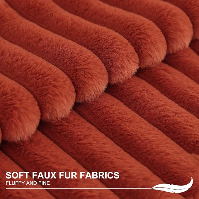 Pallene Faux Fur Plush Fall Throw Pillow Covers 12x20 Set of 2, Luxury Soft Fluffy Striped Decorative Pillow Covers for Sofa, Couch, Living Room, Rust