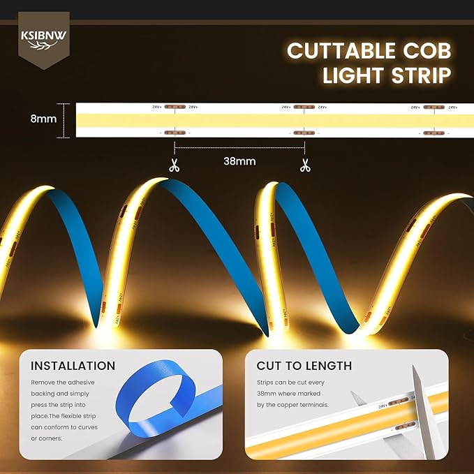 COB LED Strip Lights 16.4ft/5m, 24V LED Light Strip, Daylight White 6000K Under Cabinet Lighting, Super Bright Flexible Tape Lights for Bedroom,Mirror,Kitchen,Living Room(Power Supply Not Included)