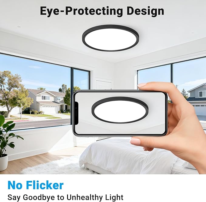 2 Pack LED Flush Mount Ceiling Light,12Inch 24W,3000K/3500K/4000K/5000K/6500K 5 Color Temperatures Ceiling Light Fixture for Kitchen Porch Hallway Bedroom Bathroom and Closet,Black