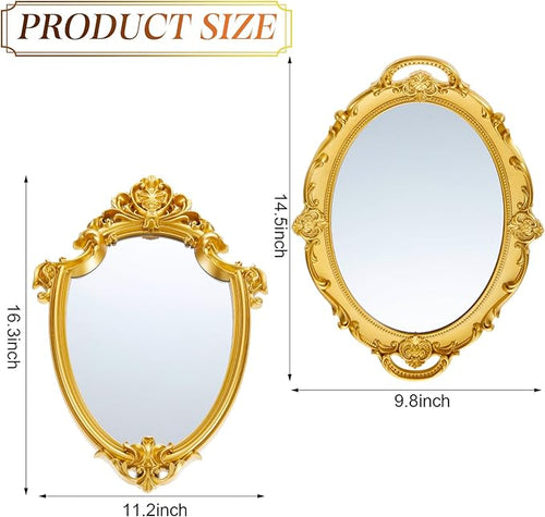 2 Pcs Vintage Gold Mirror Set Including 14.5 x 9.8 Inch Oval Decorative Jewelry Tray 16.3 x 11.2 Inch Antique Wall Mirror Gold Shield Shape Victorian Decor for Bedroom Bathroom Wedding