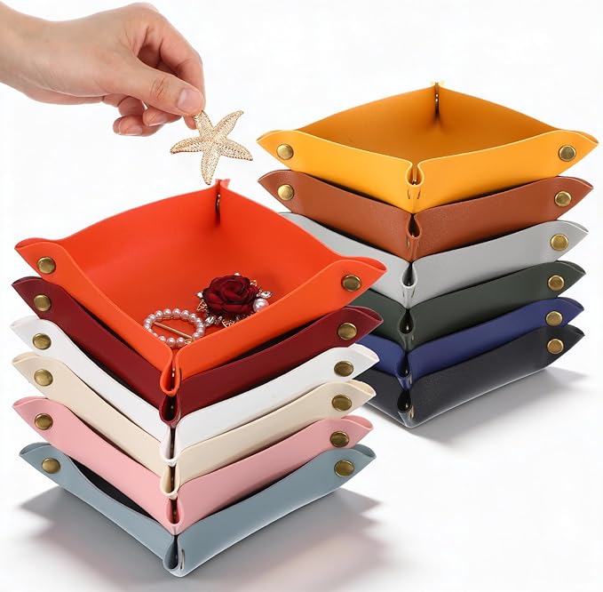 24 Pcs Leather Valet Tray, 12 Colors Portable Catchall Organizer, Jewelry Key Phone Wallet Coin Tray for Travel Entryway Desk Bedside Nightstand Storage