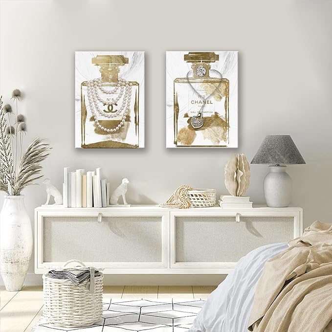 2 pieces Vintage Perfume Bottle Canvas Wall Art Modern Luxury Posters Print Fashion Glam Poster Picture for Bedroom Make up Room Home Decor 16"x24"(40x60cm)