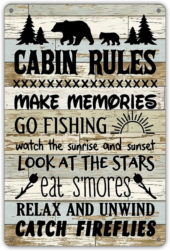 QIONGQI Funny Cabin Rules Metal Tin Sign Wall Art Decor, Farmhouse Wooden Style Cabin Sign for Home Decor Gifts