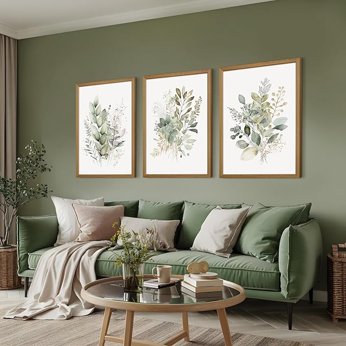 Joocrise Wooden Frame Watercolor Botanical Wall Art Boho Floral Canvas Wall Decor Prints Sage Green Wildflower Wall Art Modern Flower Pictures Botanical Painting for Bedroom Bathroom 12x16x3 Inch
