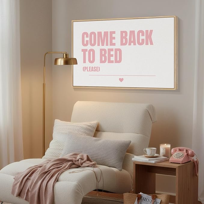 Framed Canvas Wall Art for Bedroom Decor, Pink and White Modern Minimalist Artwork for Walls, Large Come Back to Bed Typography Pictures, Art Print for Bedroom Couples Room Decor Above Bed, 36x24 Inch