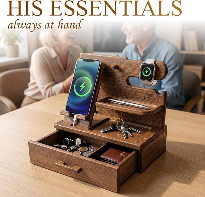 TESLYAR Wood Phone Docking Station with Drawer - Nightstand Organizer - Desk Organizer for Husband - Birthday Gifts for Men, Dad, Anniversary Idea, Key Holder Stand Watch & Accessories (Earth Beige)