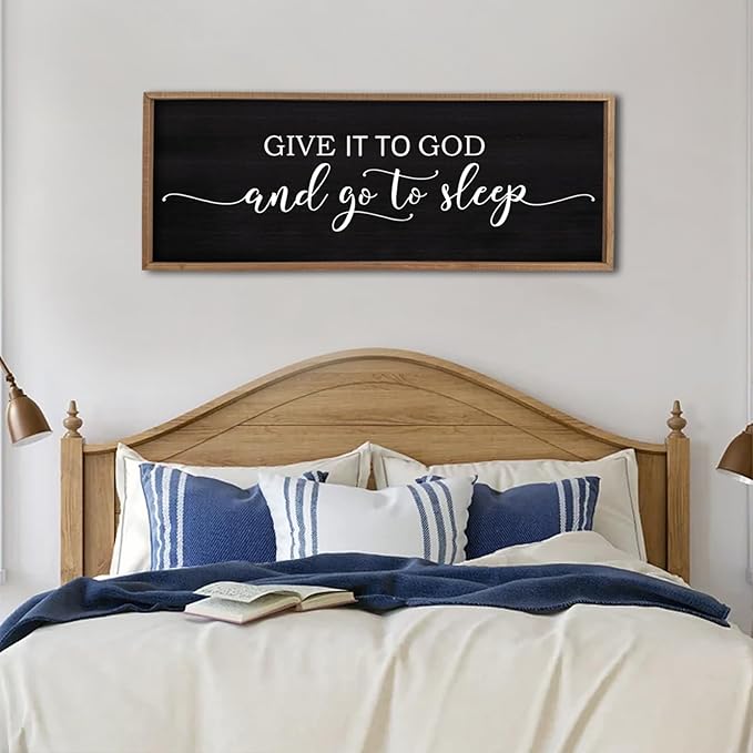 Give It To God And Go To Sleep Sign Wall Decor 40"X15" Master Bedroom Above Bed Large Farmhouse Wall Decor Wood Rustic Framed Over Bed Wall Art Hanging Decoration(Wood Black)