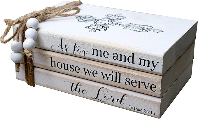 LIVDUCOT As for Me and My House We Will Serve the Lord Decor - Farmhouse Rustic Wood Decorative Books Stack for Home Coffee Table Living Room - Faux Books for Fireplace Mantle Bible Verses Decoration