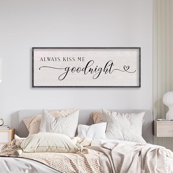 LuZhiQiang Above Bed Love Theme Wall Decor Always Kiss Me Goodnight Sign 40"×15" Wood Framed for Master Bedroom Over Bed Wall Art (Black)