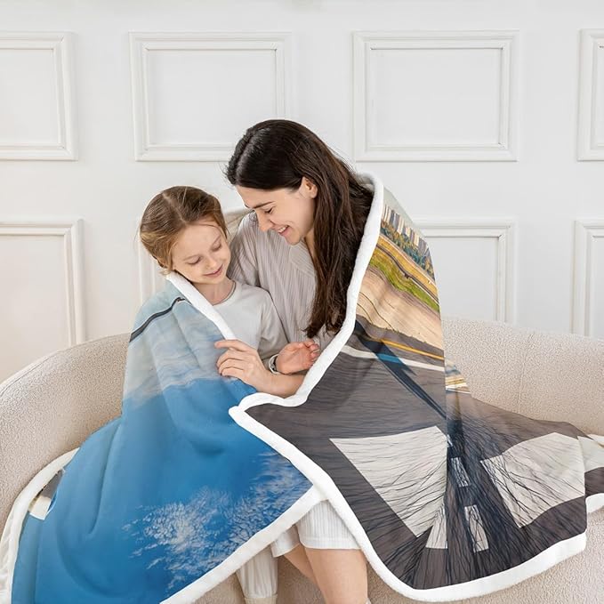 Erosebridal Aircraft Throw, Aviation Airplane Sherpa Blanket for Kids, Teens, Adults - Runway Track Fleece, Taking Off Fuzzy Queen 90"x90" White Blue Sofa Decoration