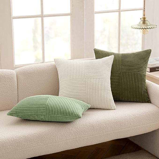 MIULEE Sage Green Decorative Throw Pillow Covers 16x16 Inch for Couch Bed Sofa Spring Decor Pack of 2 Boho Farmhouse Throw Pillows Soft Cross Corduroy Patchwork Textured Cushion Cases