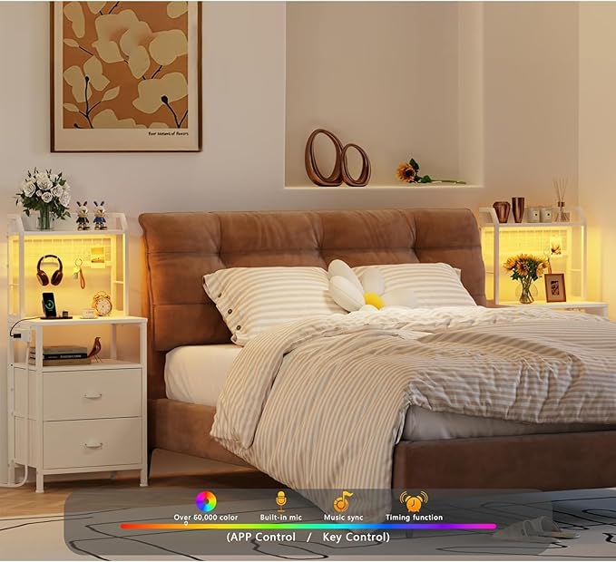 Furologee 40'' Tall Nightstand with Charging Station, Bedside Table with LED Lights, End Table with 2 Drawers and Storage Shelves, Night Stand with Pegboard for Bedroom, White