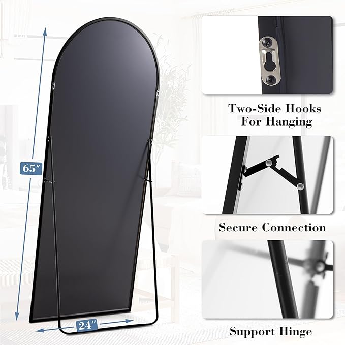DUMOS Arched Full Length Mirror with Stand Floor Standing Aluminum Frame for Bedroom Body Hanging Leaning Modern Simple Home Decor Shatter-Proorf Nano Glass Wall Living Room Cloakroom Black 65"x24"