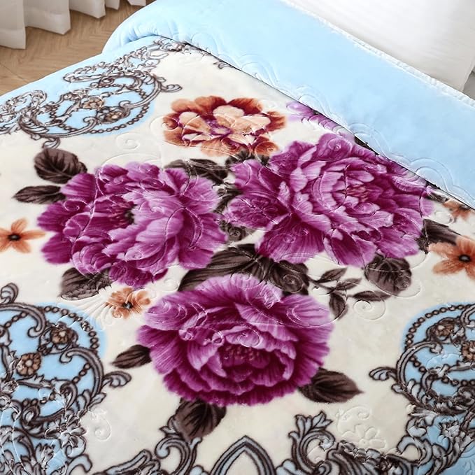 JYK Korean Style Mink Fleece Blanket King Size 83'' x 91'', 5.7 Pounds - 2 Ply Reversible Silky Soft Plush Warm, Comfy Bed Blanket, Luxurious Blanket for All Seasons - Blue/Purple Peony