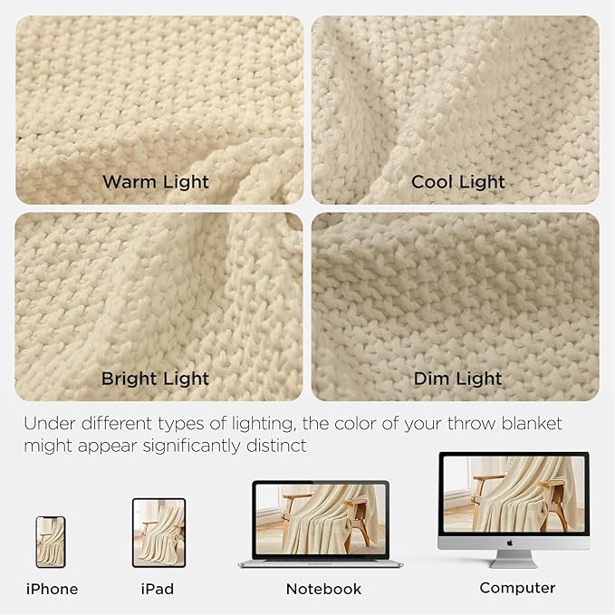 Joydeco Chunky Cable Knit Throw Blanket, Lightweight 100% Cotton Soft Cozy Throw Twin Blanket for Couch Bed and Sofa, Rustic Breathable Farmhouse Blanket Gift for Women Men(Cream White, 60"x80")