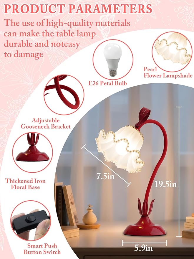 Flower Table Lamp,LED Reading Light Bedside Vintage Flower Night Light,3 Colors Modes Kawaii Bedside Lamps Decor,Living Room Bedroom Room Lighting Table Lamps Home Decoration (Red Pearls)