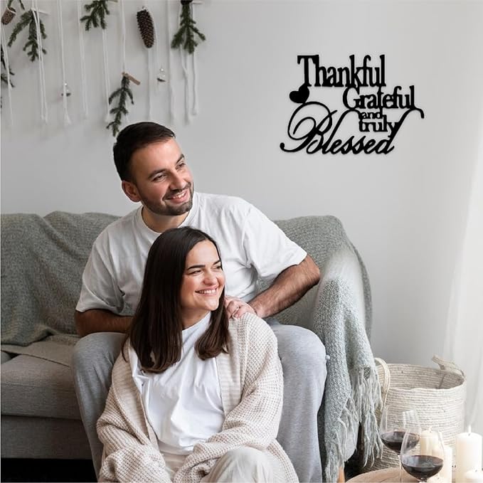 Hppybiry Thankful Grateful Blessed Wall Decor Black Metal Wall Art Thankful Grateful and Truly Blessed Sign Home Decor Entryway Living Room Decoration Signs - 42 Inches