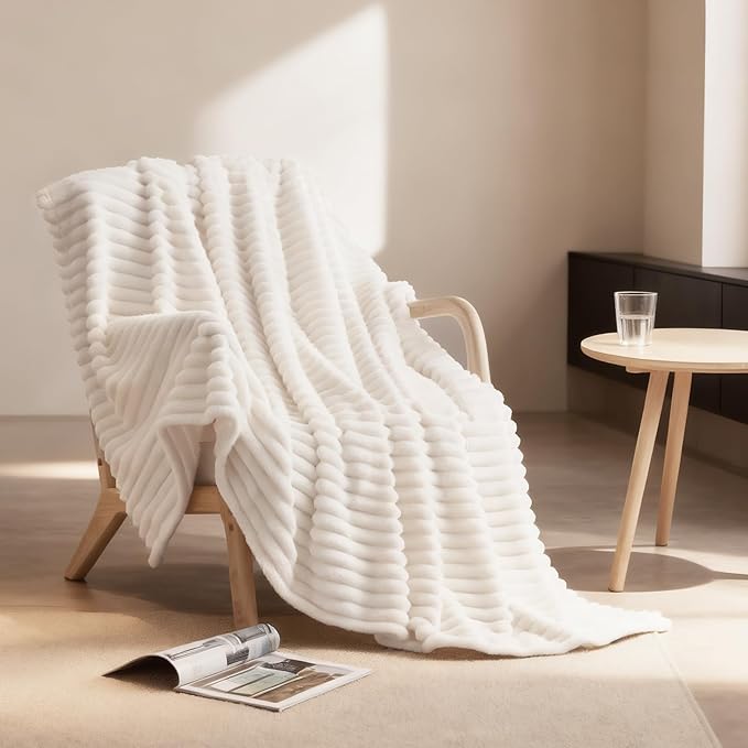 Nookly Cream Twin Size Fleece Blanket, Soft Lightweight Ribbed Plush Bed Blanket, Cozy All-Season Striped Fleece Twin Throw for Bedroom and Home, 60x80 Inches
