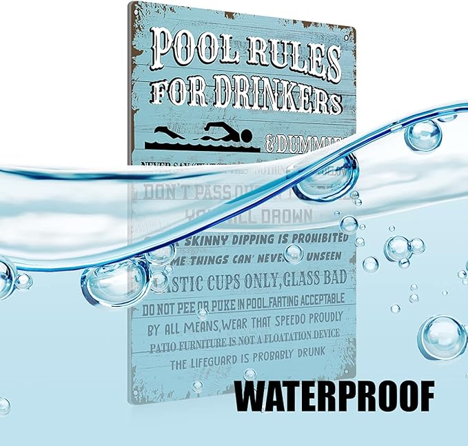 BEASTZHENG Swimming Pool Rules for Drinkers - Metal Tin Wall Decor, Blue Pool Sign - 8x12 Inch