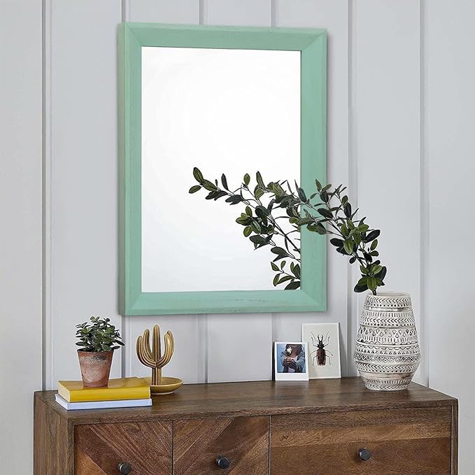 AAZZKANG Wood Framed Mirror Rectangle Modern Farmhouse Wall Mirrors Decor Large 20"x16" for Bedroom Living Room Bathroom Dressing Room Green