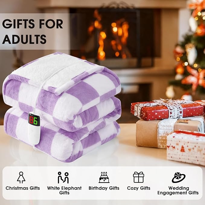 Heated Electric Blanket Throw, 50X60 Heating Blanket with 10 Heat Level & 8 Hours Auto Off for Lap, Light Purple Checkered Plaid Soft Sherpa Blankets for Mom Grandma Women Couch