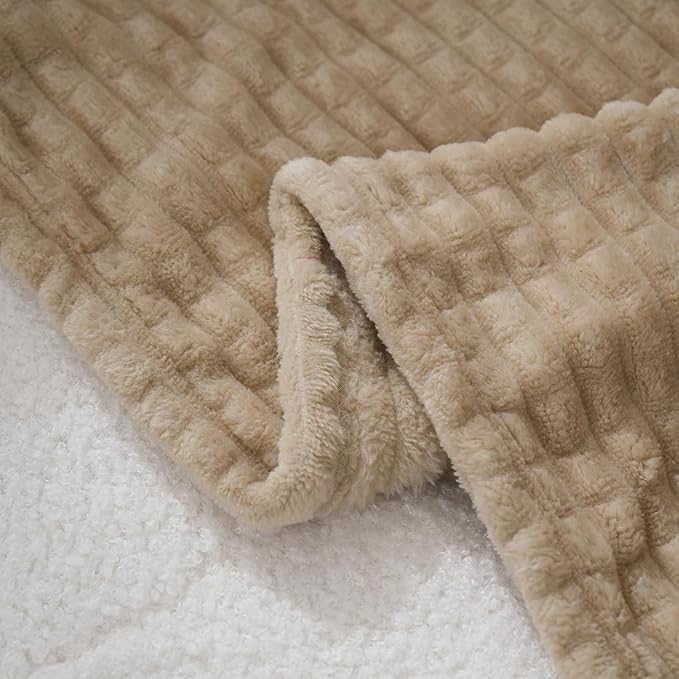 Puncuntex Flannel Fleece Beige Throw Blanket 50"×60",Super Soft Plush Cozy Blanket with 3D Jacquard Square Grid Design Luxury for Couch Sofa Chair,Khaki