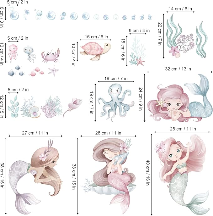 wondever Under The Sea Mermaid Wall Stickers Ocean Theme Turtle Seaweed Peel and Stick Wall Art Decals for Baby Nursery Girls Bedroom Bathroom