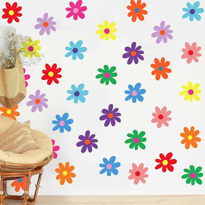 BBTO Daisy Wall Decal Flower Vinyl Wall Decals Daisy Stickers Floral Decals Peel and Stick for Nursery Art Bedroom Living Room(Simple Style,Rainbow Color)