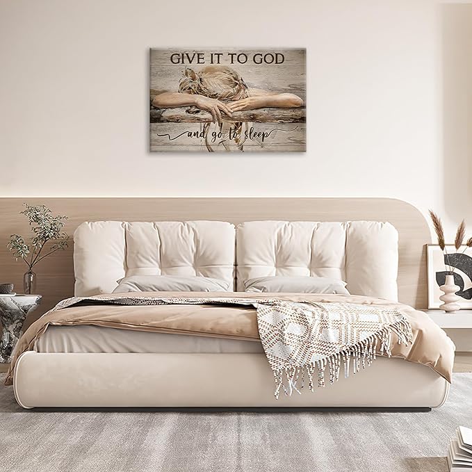 Farmhouse Wall Decor for Bedroom Give It to God and Go to Sleep Sign Pictures Rustic Above Bed Wall Art Christian Girl Sleep Painting Country Bible Verse Canvas Framed Print Artwork 24"x20"