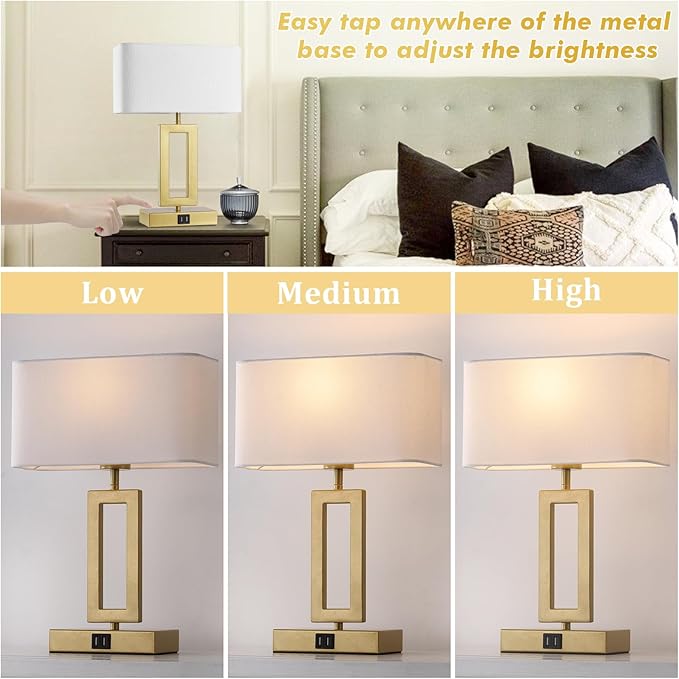Gold Table Lamps Set of 2 with Dual USB Ports,3-Way Dimmable Touch Control Bedside Lamps,Modern Bedroom Table Lamp for Living Room,Nightstand LED Bulbs Included