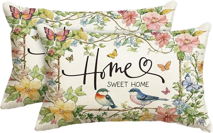 AVOIN colorlife Home Sweet Home Birds Floral Throw Pillow Covers, 12 x 20 Inch Spring Summer Flowers Cushion Case Decoration for Sofa Couch Living Room Bedroom Decor Set of 2