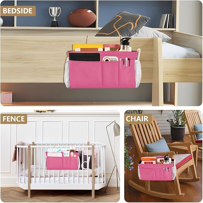 DOMIKING Neon Pink Bedside Caddy for Dorm Bed Recliner Armrest Organizer with Hooks Haning Storage Bag for Couch Recliner Remote Control