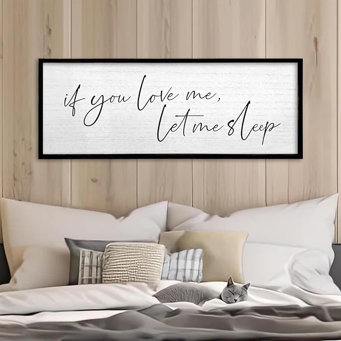 TQianJiang Master Bedroom Above Bed Wall Decor Art Funny Sleep Quote 32"×12" If You Love Me Let Me Sleep Sign Large Rustic Farmhouse Wood Framed for Couples Over Bed Wall Hanging (Black)