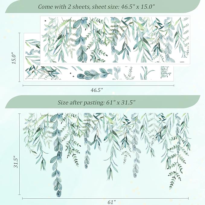Green Hanging String of Willow Wall Decals Peel and Stick, Large Plants Vinyl Wall Stickers, Removable Vine Home Decor Art for Bedroom Living Room Classroom Office