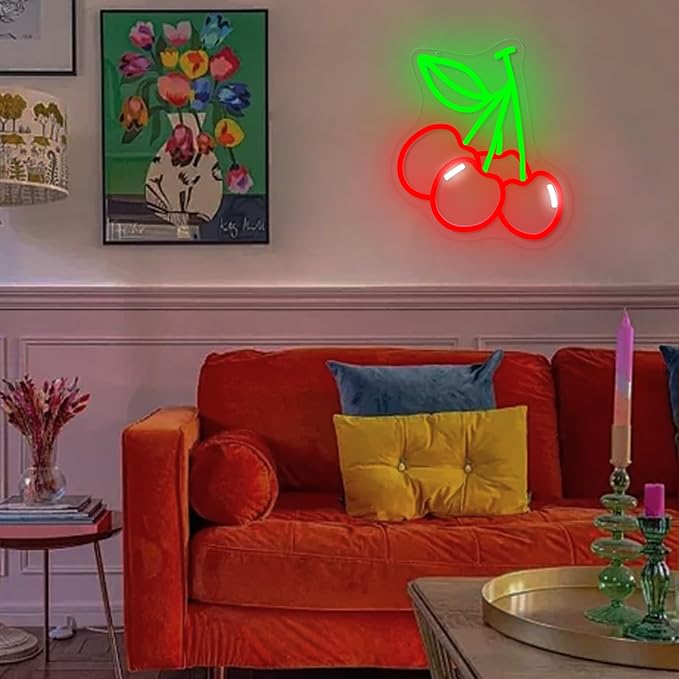 Cherry Neon Sign Cute Red Green Cherries LED Neon Light for Wall Decor Dimmable USB Fruit Light Up Sign for Boys Girls Room Restaurant Birthday Party bar Fruits Shop Decorations