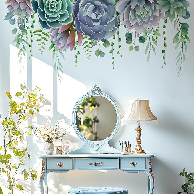 Succulent Plants Leaves Wall Decals Peel and Stick, Large Flowers Vinyl Wall Stickers, Removable Hanging Floral Home Decor Art for Bedroom Living Room Classroom Office