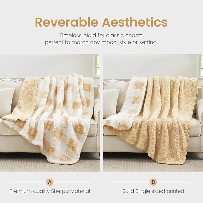 Cozy Bliss Luxury Sherpa Throw Blanket for Couch, Premium Reversible Buffalo Plaid Thick Throw, Warm Cozy Soft Blanket for Home and Gifts (Beige, 50" x 60")