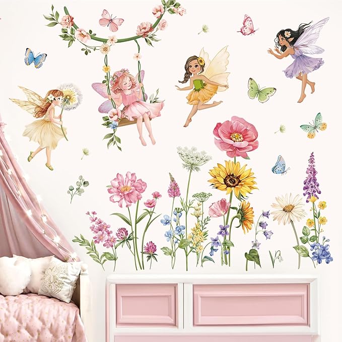 decalmile Flower Fairy Wall Decals Butterfly Girl with Wildflower Sunflower Wall Stickers Girls Bedroom Baby Nursery Kids Room Wall Decor