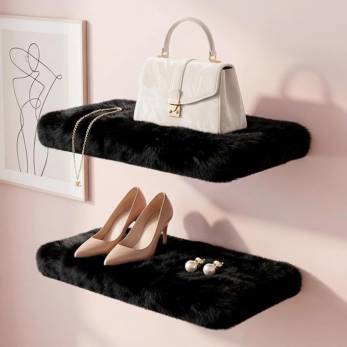 2 Pack Floating Shelves for Wall, Shelf with Fluffy Soft Black Shag Cover, Wall Mounted Shelves for Bedroom, Living Room, Suitable for storing valuable collectibles, bags, jewelry, high heels