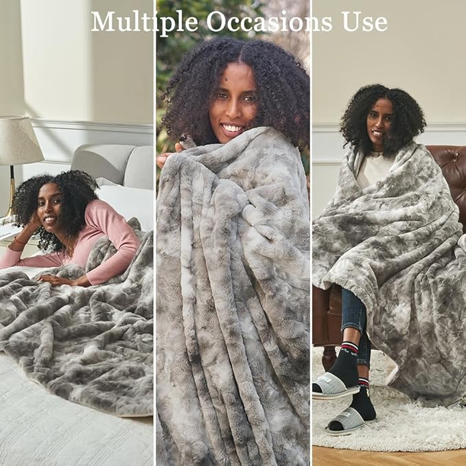 Krifey Oversized Faux Fur Throw Blanket, Soft Fluffy Fuzzy Cozy Blanket for Couch, Sofa and Bed, Luxury Mink Plush for Women, Room Home Dorm Decor, Marbled Gray 60" x 80", Warm 600GSM
