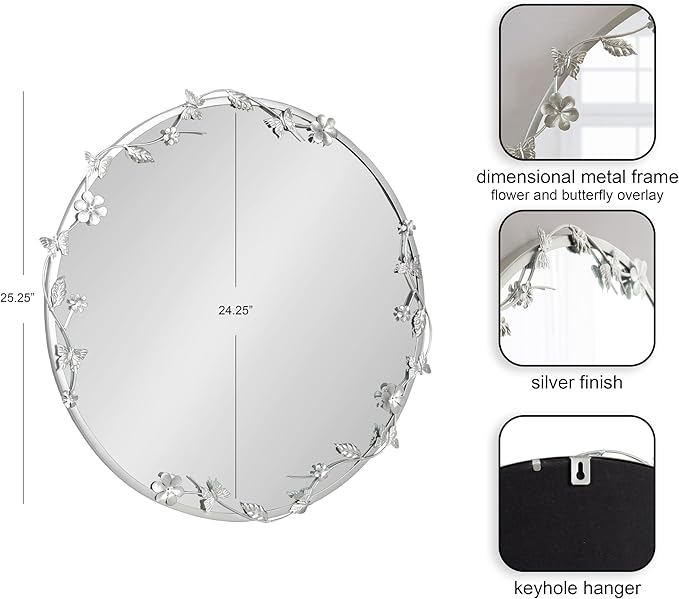 Kate and Laurel Rosella Modern Ornate Round Wall Mirror, 26 Inch Diameter, Silver, Circle Mirror with Floral Detailing for Use as Bathroom Mirror for Over Sink or Cute Kids Room Decor
