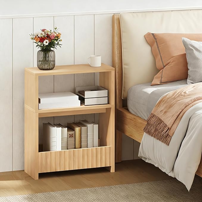Small Narrow Side Table with Open Storage Shelves, 3-Tier Skinny End Table for Small Space, Slim Nightstand, Skinny Couch Side Table for Living Room, Bedroom, Entryway, Natural ETNA75101