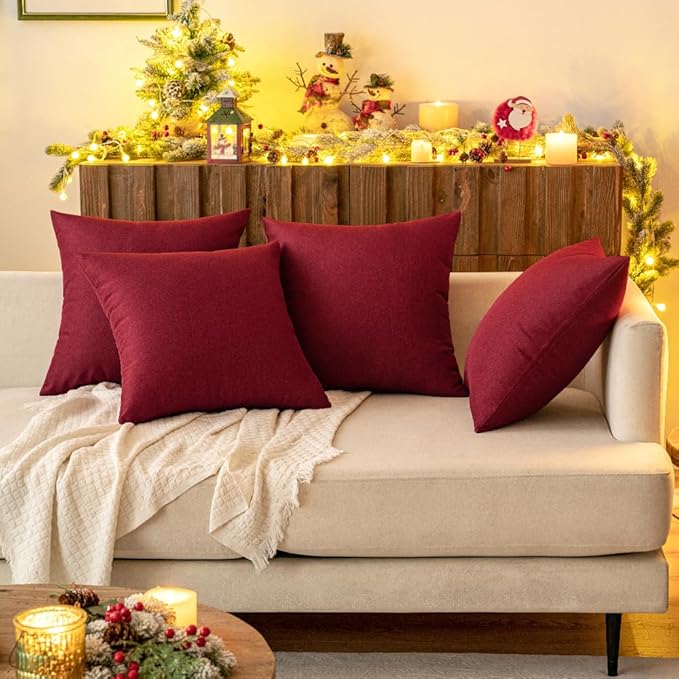 MIULEE Pack of 2 Decorative Outdoor Solid Waterproof Throw Pillow Covers Faux Linen Garden Farmhouse Cushion Cases for Patio Tent Balcony Couch Sofa 16x16 Inch Wine Red