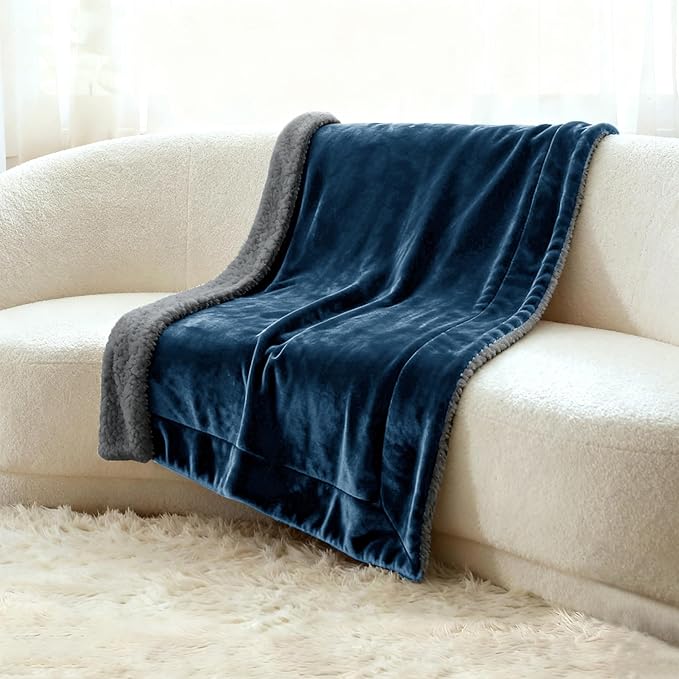 Genteele Sherpa Throw Blanket Super Soft Reversible Ultra Luxurious Plush Blanket, 50 x 60 inches, Navy/Gray